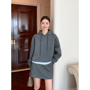 oversize连帽卫衣女灰色通勤休闲半身裙套装 松弛系列 Lin Maven