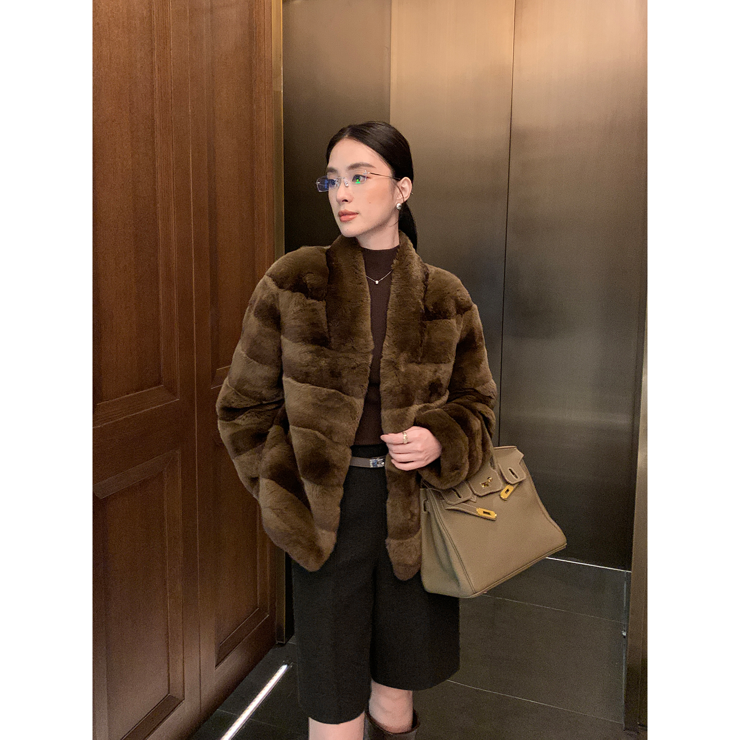 Maven Lin 奢级重磅 100%獭兔毛皮草外套女高级渐变色v领毛毛大衣