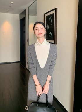 Maven Lin 优雅贵价100%羊毛撞色高领针织连衣裙女长袖假两件长裙