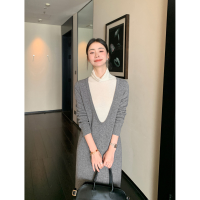 Maven Lin 优雅贵价100%羊毛撞色高领针织连衣裙女长袖假两件长裙