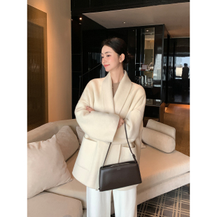 奢意羊毛翻领外套女高级宽松中长款 纵绒轻柔 毛呢大衣 Lin Maven