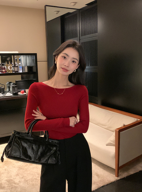 Maven Lin点睛之笔 红色针织衫女一字船领内搭打底衫修身毛衣上衣