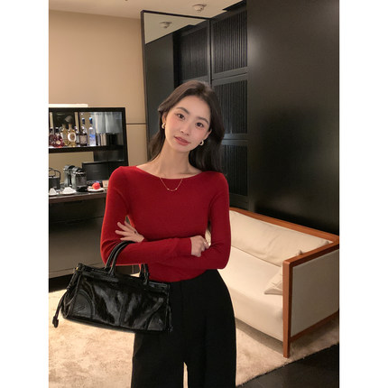 Maven Lin 强推！一字船领上衣女秋季修身内搭打底衫红色针织毛衣