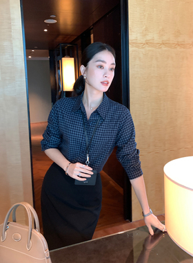Maven Lin 精挚职场 复古翻领格子衬衫女宽松通勤磨毛长袖衬衣