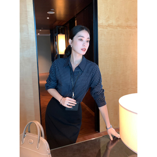 女宽松通勤磨毛长袖 Maven 复古翻领格子衬衫 精挚职场 衬衣 Lin