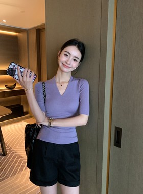 Maven Lin长期衣橱 极简气质V领针织衫女修身显瘦弹力中袖t恤上衣