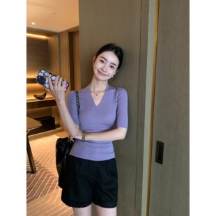 显瘦弹力中袖 Maven 女修身 极简气质V领针织衫 t恤上衣 Lin长期衣橱