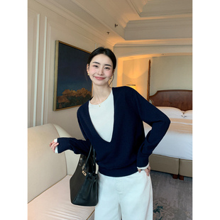 女气质宽松长袖 Maven 100%羊毛U领假两件针织衫 挚爱松弛 上衣 Lin