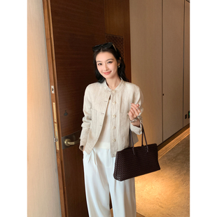 女简约工装 Maven 慵懒亚麻短外套空调衫 高智办公室系 上衣 Lin