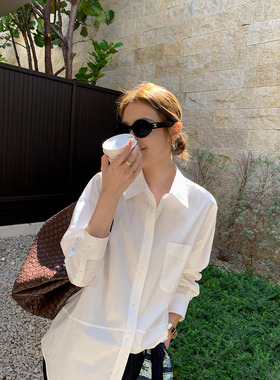 Maven Lin 高智格调 经典翻领白色衬衫女宽松休闲叠穿长袖衬衣