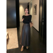 现货6折 Maven Lin 高级感pu皮半身裙女高腰直筒皮裙开叉半裙