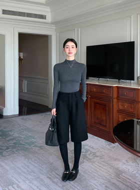 Maven Lin 职场风范 黑色羊毛阔腿西装中裤女通勤宽松毛呢六分裤