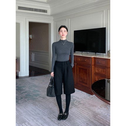 Maven Lin 职场风范 黑色羊毛阔腿西装中裤女通勤宽松毛呢六分裤