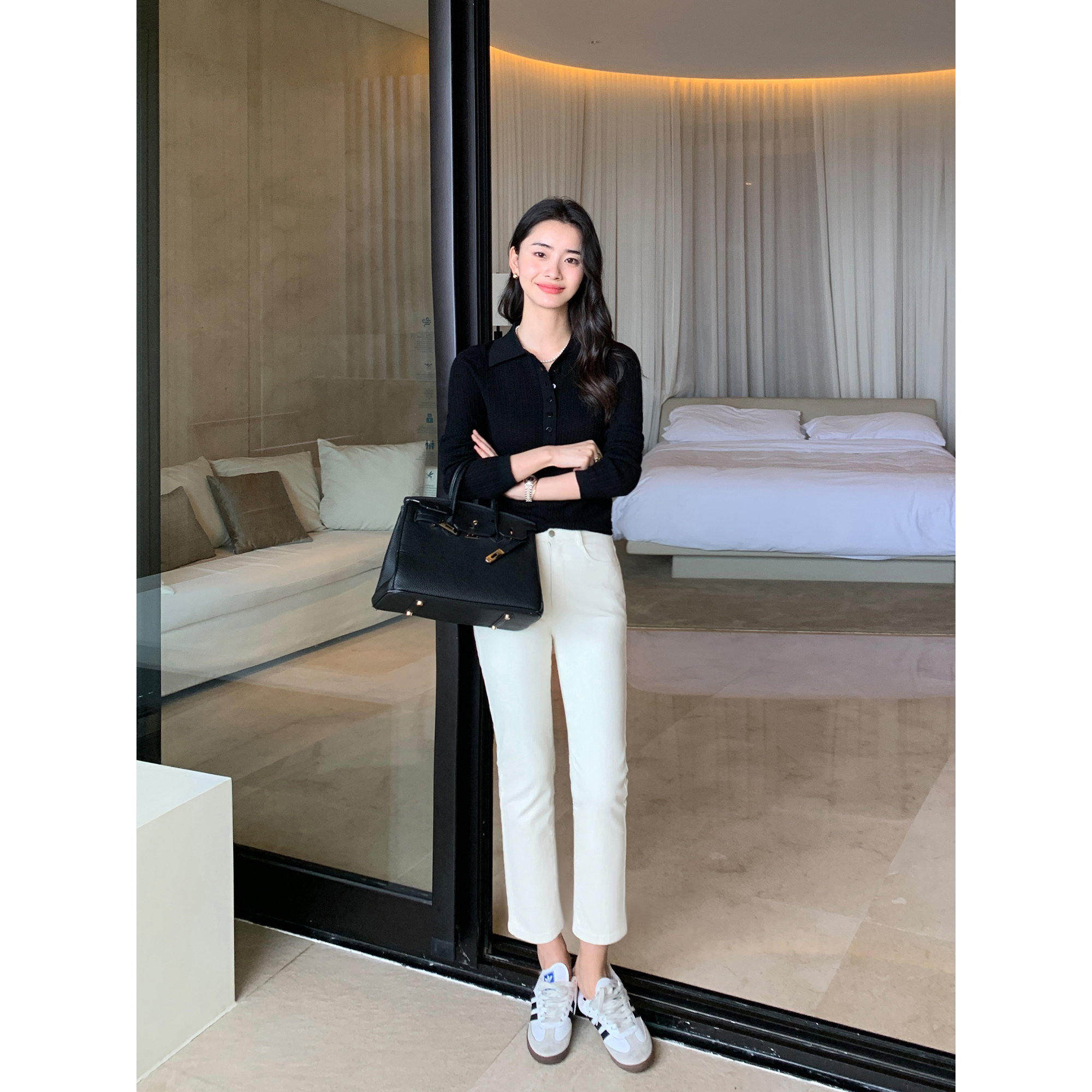 白色直筒牛仔裤女九分裤高弹显瘦