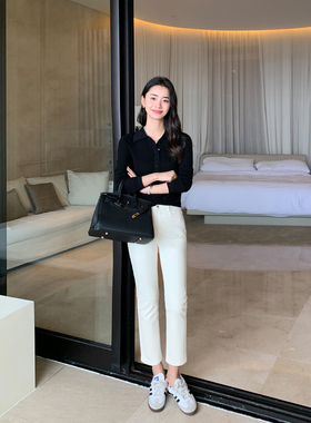 Maven Lin【现货7折】白色直筒牛仔裤女烟管裤九分裤高弹显瘦裤子