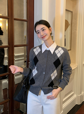 Maven Lin 100%羊毛系列丨撞色菱格纹针织开衫女气质提花毛衣外套