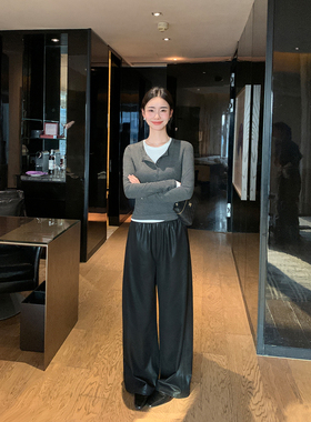 Maven Lin【现货7折】摩登张力 黑色PU皮休闲直筒裤宽松拖地皮裤