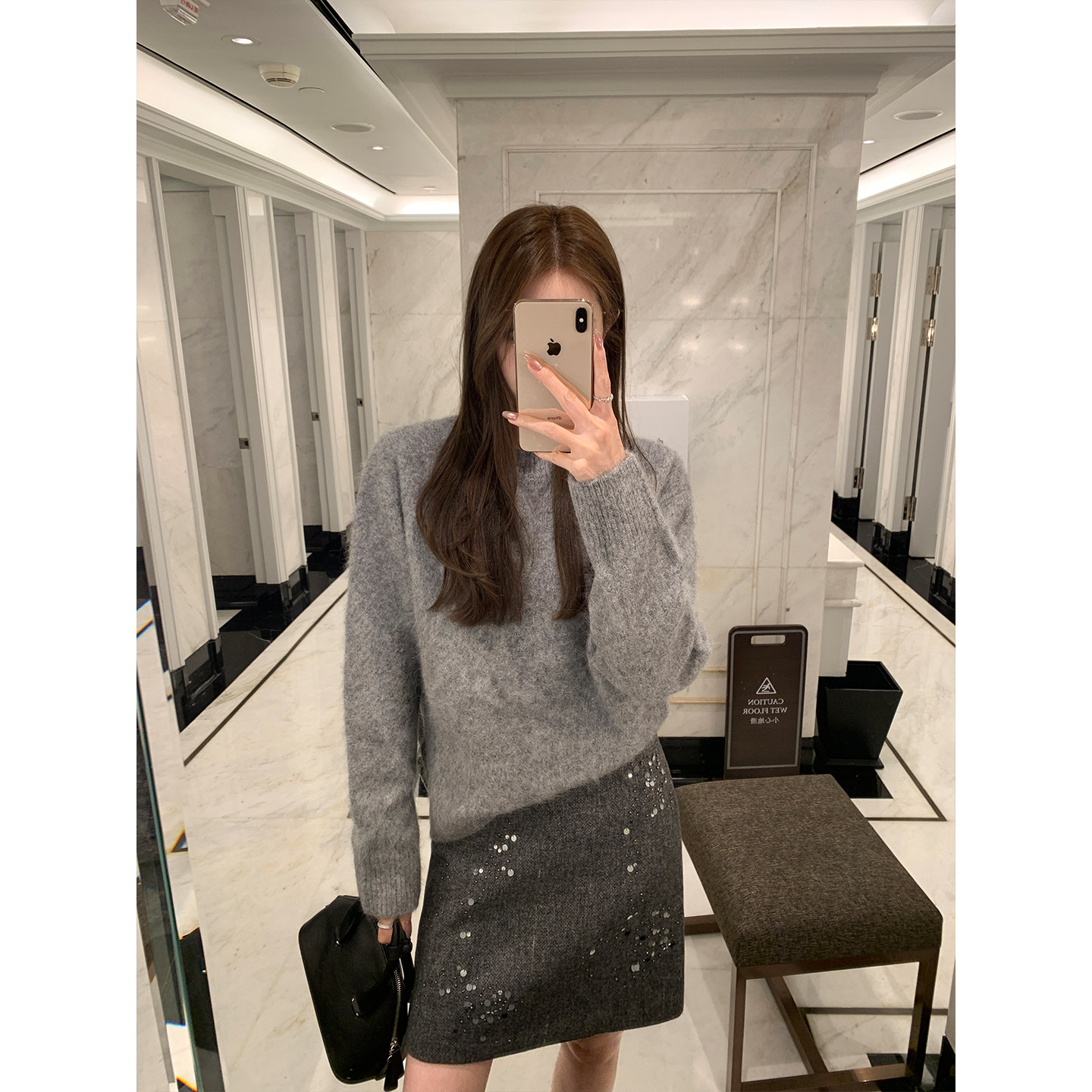 Maven Lin 星光熠闪 小香风重工亮片半身裙女职场通勤毛呢a字短裙