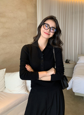 Maven Lin【现货7折】黑色polo领长袖针织衫修身显瘦T恤别致上衣