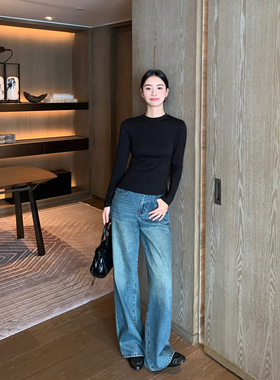 Maven Lin 蓝色阔腿牛仔裤女2025秋季新款复古直筒裤休闲长裤子