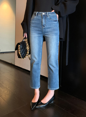 Maven Lin 简约气质通勤蓝色加绒牛仔裤女秋冬修身微弹小脚九分裤