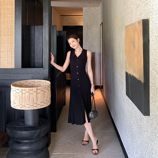 连衣裙女收腰修身 Maven 气质V领针织无袖 柔塑轻雅 中长鱼尾裙 Lin