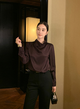 Maven Lin 奢雅智性 100%醋酸荡领衬衫女宽松通勤垂坠感长袖衬衣