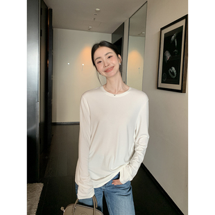 T恤女春秋宽松打底衫 松弛感高智白色圆领长袖 极简上衣 Lin Maven
