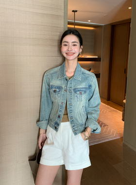 Maven Lin 骨感立体洗水粗斜纹牛仔外套短款女秋季小众翻领上衣