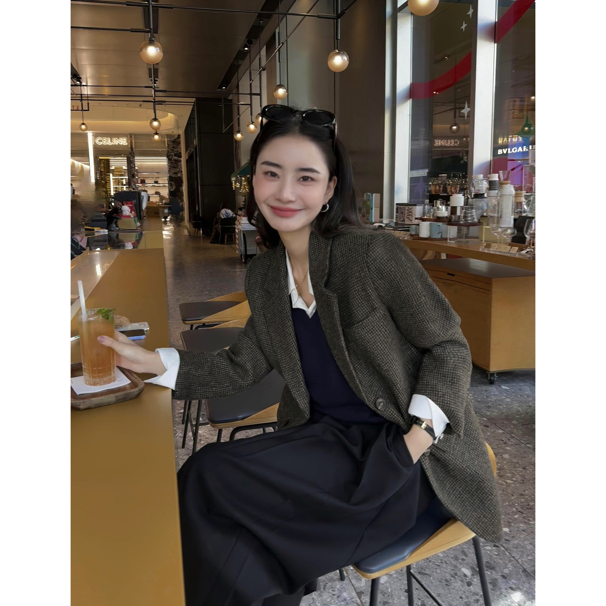高级感羊毛格子毛呢西装外套女