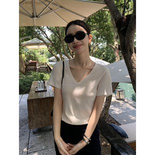 Lin 雪花棉基础款 现货7.5折 T恤女装 气质上衣 灰色V领短袖 Maven