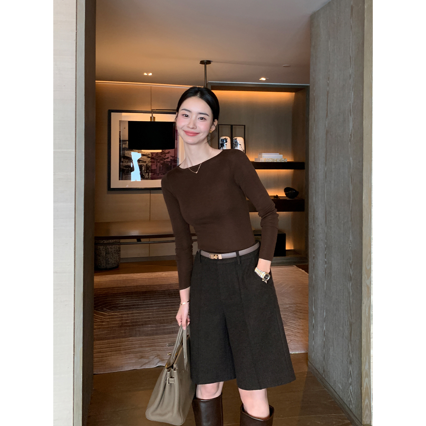 Maven Lin 知性主义 复古咖色阔腿毛呢中裤女极简通勤直筒休闲裤