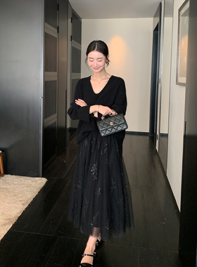 Maven Lin 重工网纱波点花卉刺绣半身裙女气质黑色显瘦a字大摆裙