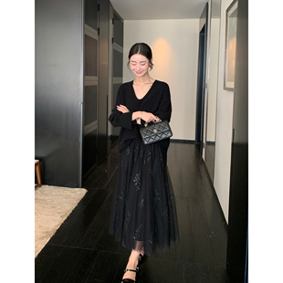 Maven 重工网纱波点花卉刺绣半身裙女气质黑色显瘦a字大摆裙 Lin