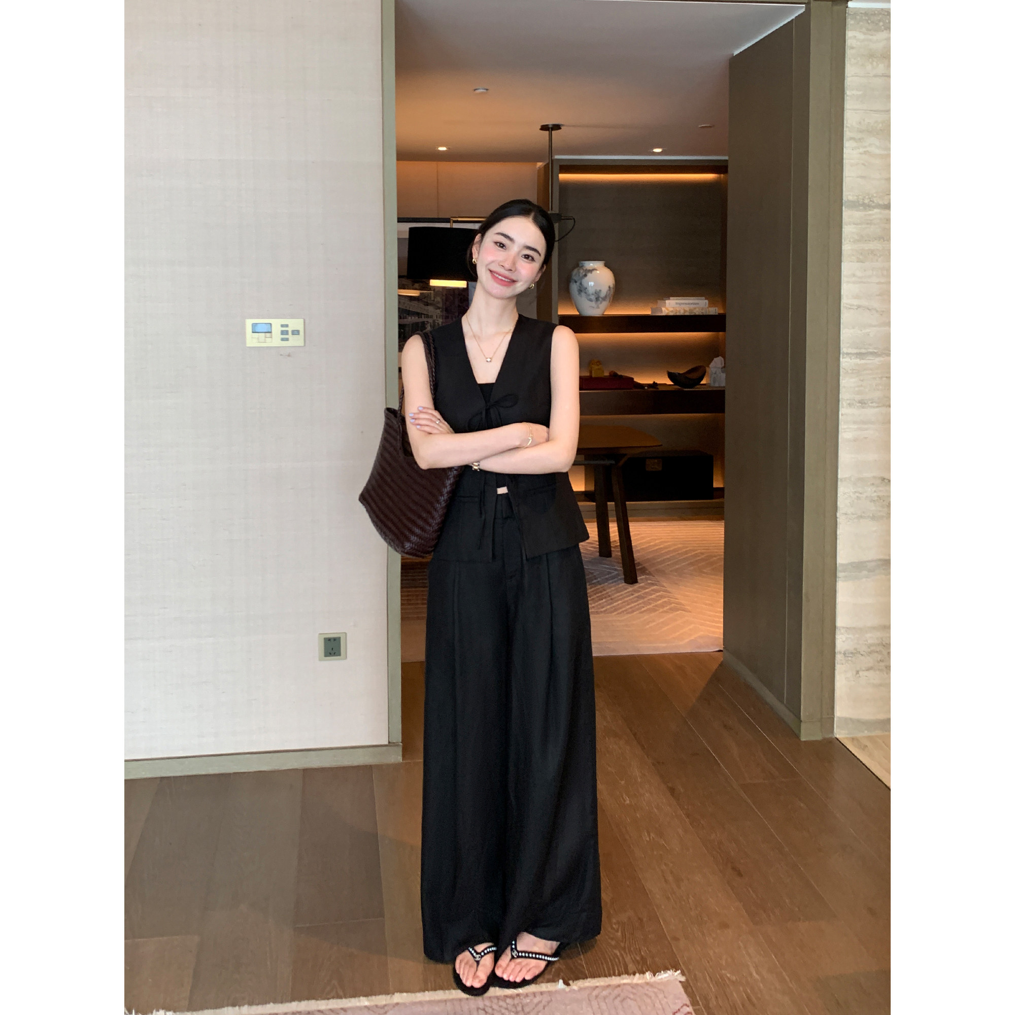 Maven Lin 通勤套装 莱赛尔复古绑带马甲女高腰直筒休闲阔腿裤