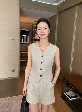 Maven Lin 亚麻两件套 老钱风设计感V领短款马甲+阔腿休闲短裤女