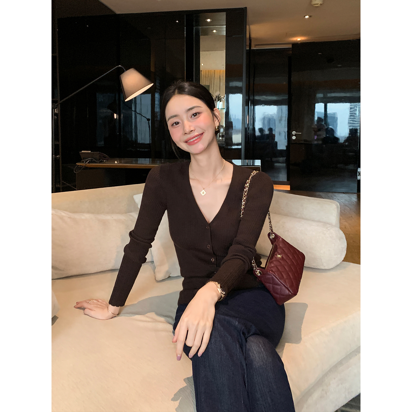 Maven Lin 时髦甄选 100%羊毛v领针织开衫女气质修身打底衫上衣