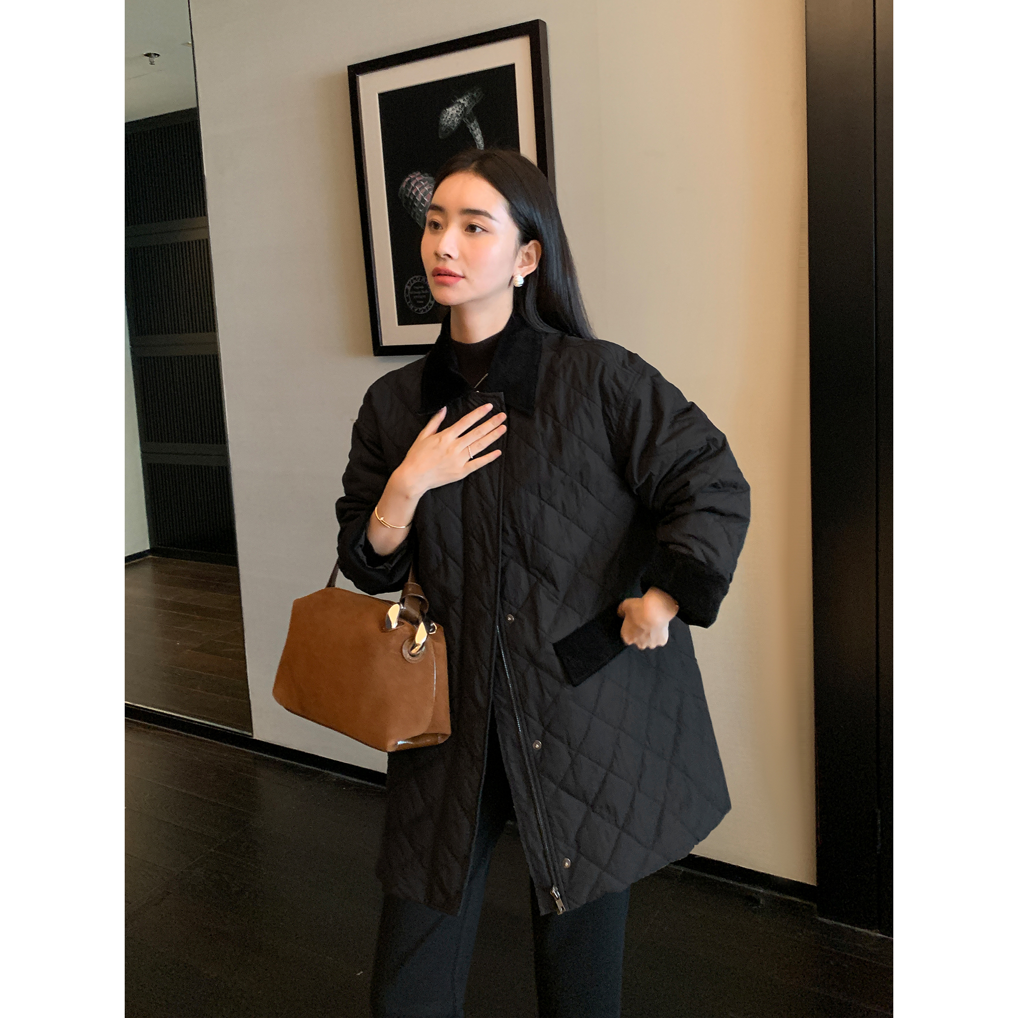 复古灯芯绒拼接菱格夹棉外套