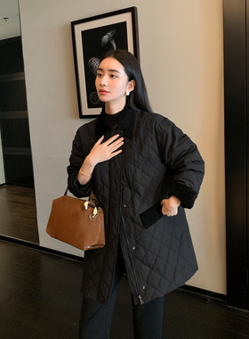 Maven Lin 灯芯绒翻领菱格棉服女2025秋冬黑色新款加厚撞色外套