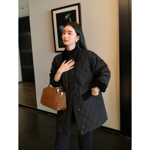 加厚撞色外套 复古灯芯绒翻领菱格棉服女秋冬黑色新款 Maven Lin