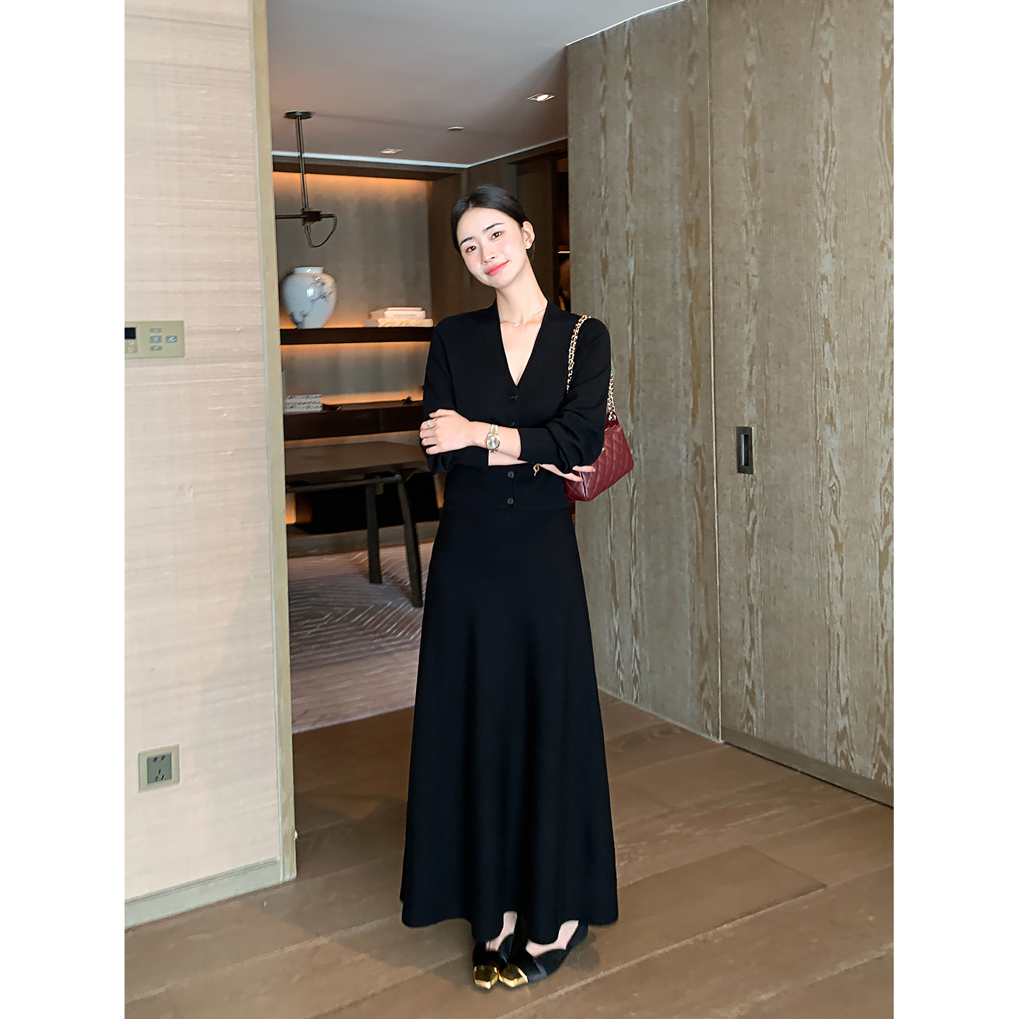 Maven Lin 知性美学 高级感黑色针织半身裙女气质A字中长款裙子