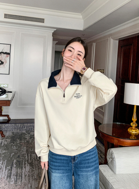 Maven Lin优雅天成 老钱风立领半拉链卫衣女宽松翻领长袖针织上衣