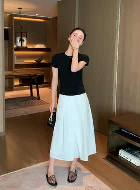 Maven Lin 优雅白色半身裙高腰a字裙女小众前片交叉垂感伞裙夏季