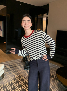 Maven Lin 羊毛混纺丨经典条纹圆领针织衫女宽松撞色打底长袖上衣