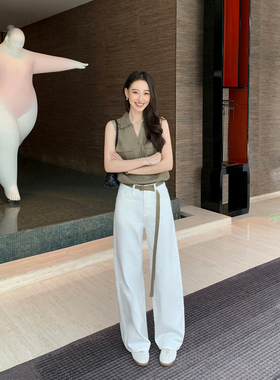 Maven Lin 通搭全场 全棉白色阔腿牛仔裤女高腰复古宽松直筒长裤