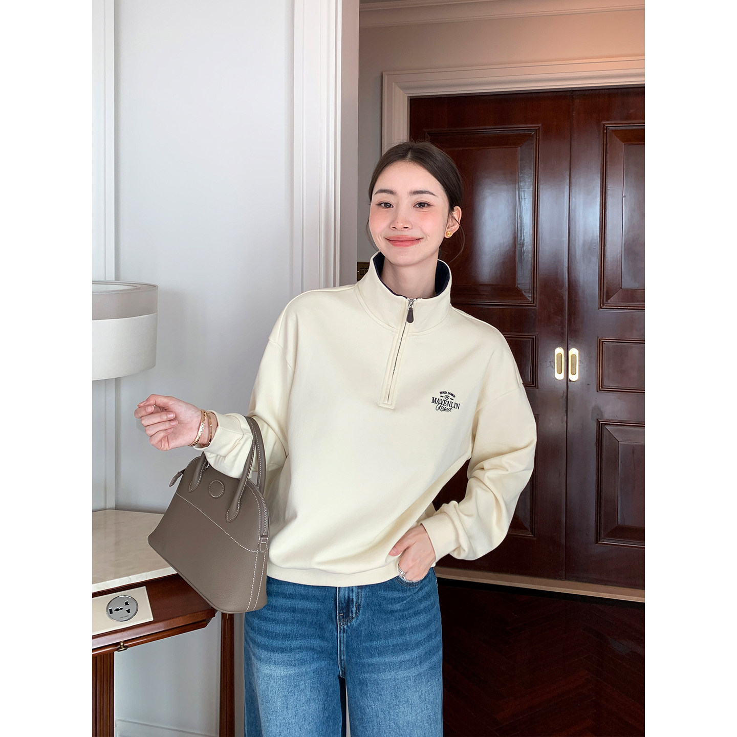 Maven Lin优雅天成 老钱风立领半拉链卫衣女宽松翻领长袖针织上衣