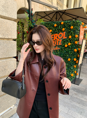 Maven Lin【现货7.5折】安哥拉红翻领廓形皮衣女垂感PU皮夹克外套