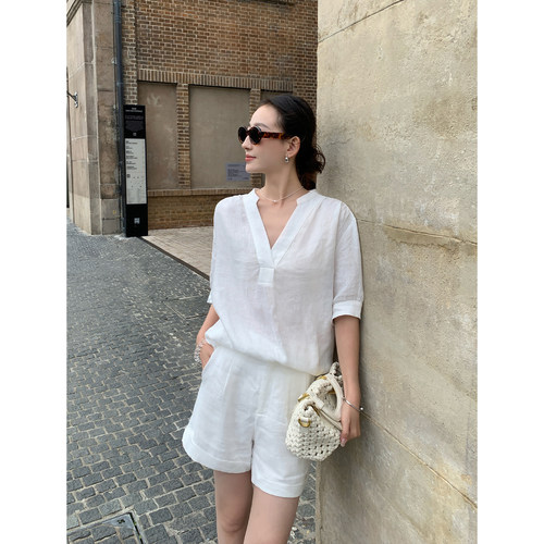 Maven Lin 精致松弛味 老钱风100亚麻衬衫女法式V领短袖干练衬衣