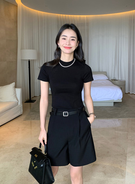 MavenLin32S弹力赛锣棉半高领气质上衣女短袖2025夏季黑色修身T恤