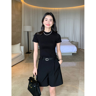 T恤 黑色修身 MavenLin32S弹力赛锣棉半高领气质上衣女短袖 2025夏季